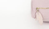Close up of Personalised Floor Cushion with Feather adornment - Blush & Gold 
