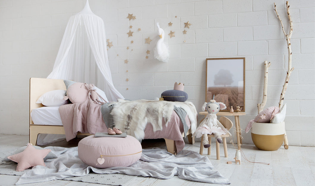 Valentine Floor Cushion (Round) with Heart Adornment- Blush & Gold | Little Connoisseur 